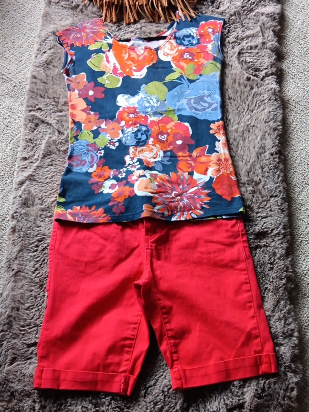 Girls Floral Navy Short Sleeve Tee with Red Accents